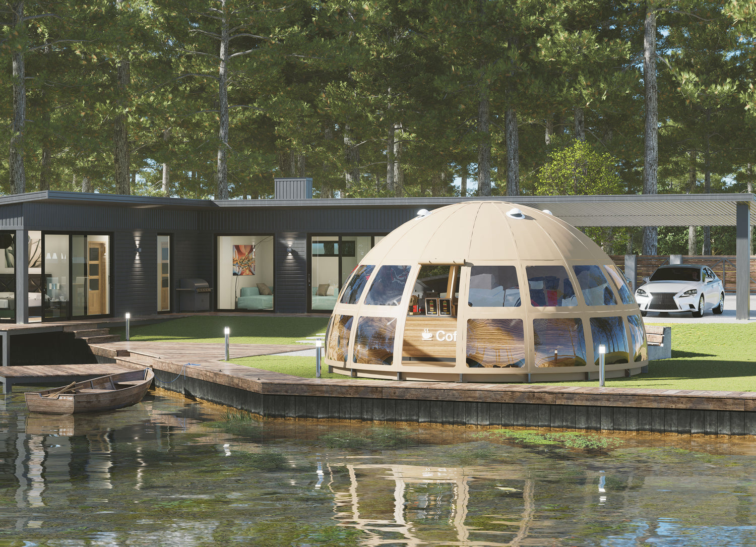 Alt text: "Luxury geodesic dome with porthole windows by a modern house, set in a serene lakeside environment. Ideal for glamping, sustainable living, or as a stylish backyard office. High-quality dome home solution for diverse needs."