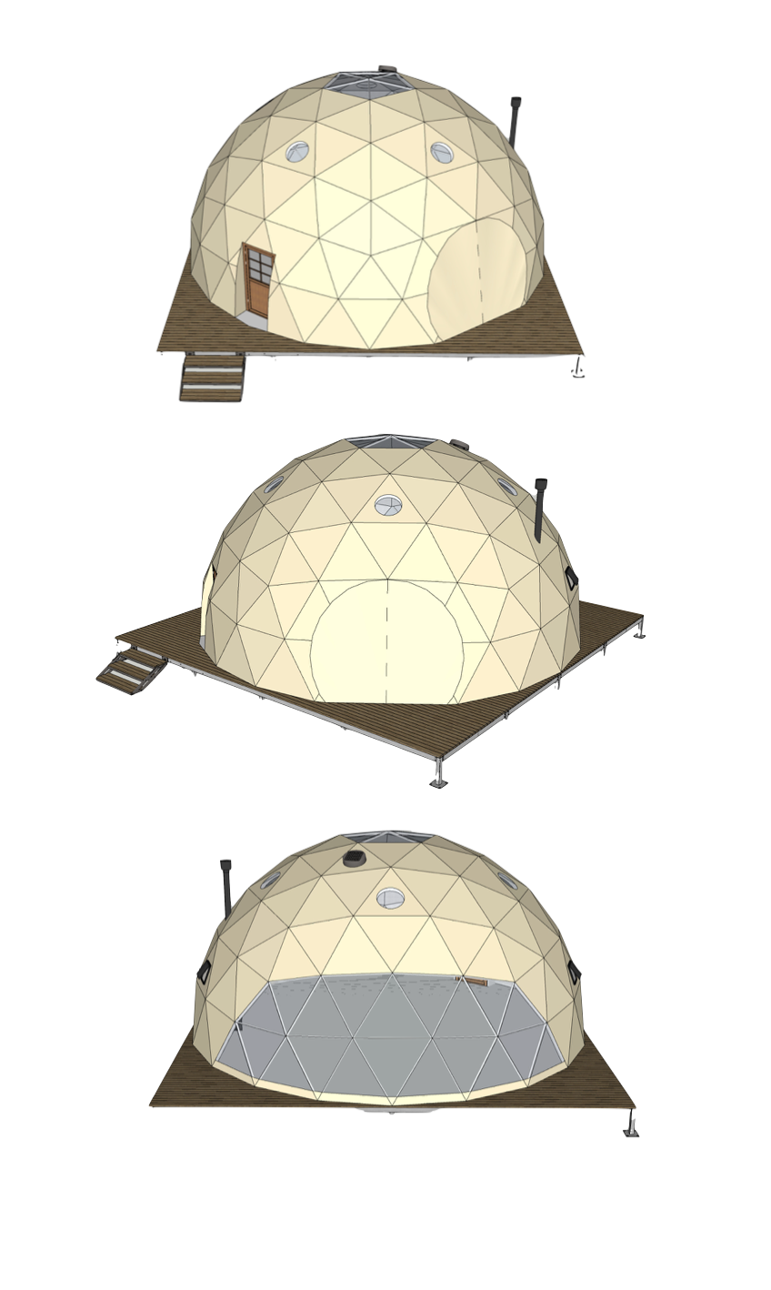 3D renderings of a geodesic dome structure with porthole windows, showcasing a stylish and spacious design ideal for glamping, backyard offices, or sustainable living. The dome is set on a wooden platform, highlighting its versatility as a luxury Airbnb or outdoor dome home solution.