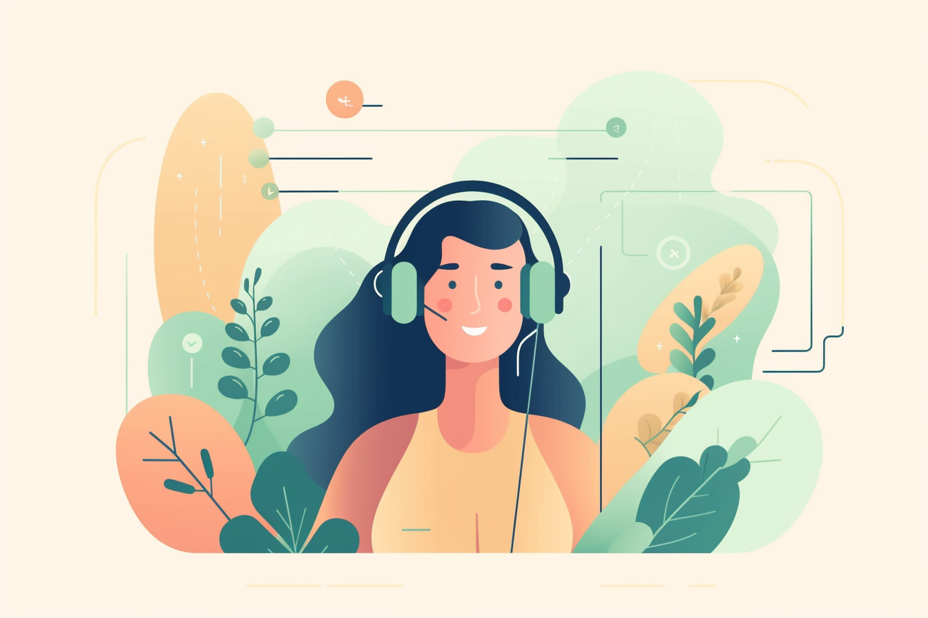 Illustration of a person wearing headphones surrounded by abstract, colorful foliage. The design reflects a modern and creative aesthetic, aligning with themes of nature and innovation.