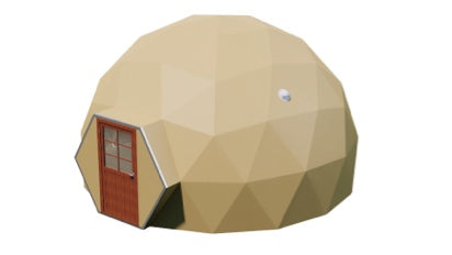 Alt text: "Geodesic dome with a wooden door and porthole window, ideal for glamping or as a backyard office. This large dome tent offers a stylish and sustainable living solution, perfect for those interested in geodesic dome house kits or luxury Airbnb setups."