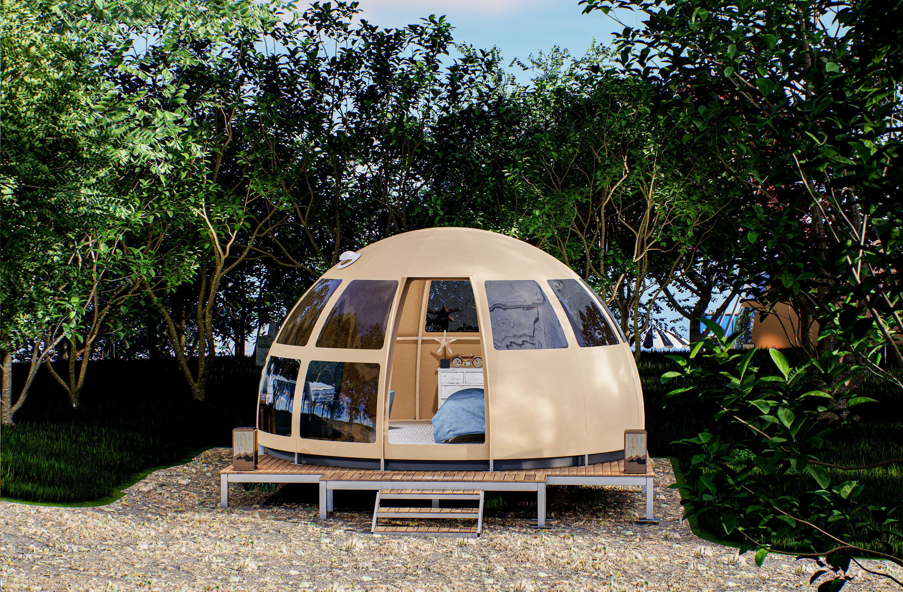 Alt text: &quot;Luxury geodesic dome with porthole windows set in a lush forest, ideal for glamping or a stylish backyard office. This spacious dome home offers a sustainable and cost-effective solution for those seeking a unique outdoor living experience. Perfect for use as a camping pod, art studio, or guest quarters.&quot;