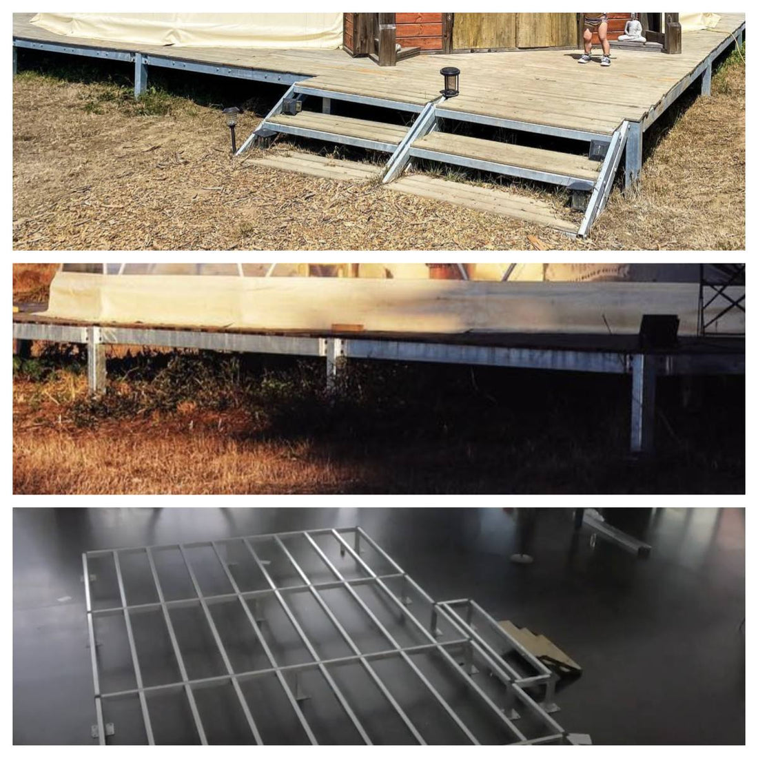 Alt text: "Sturdy metal foundation and platform for a geodesic dome house, showcasing the durable base structure ideal for glamping solutions like geo-domes and bell tents. Perfect for creating a luxury Airbnb or sustainable off-grid living space. Keywords: geodesic dome house kit, backyard dome, glamping pods for sale."