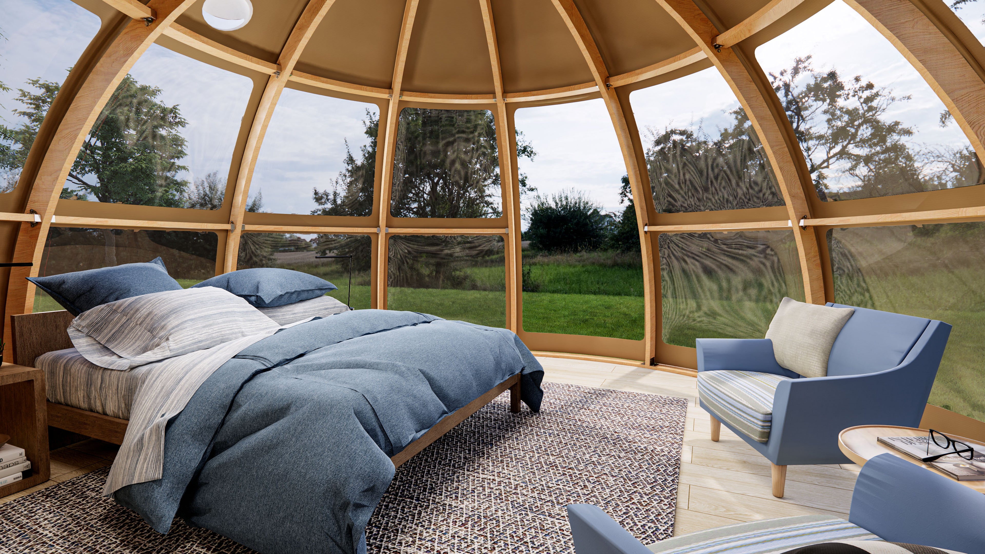 Interior view of a luxurious geodesic dome with large porthole windows, featuring a cozy bed and stylish seating area, ideal for glamping or a backyard office.