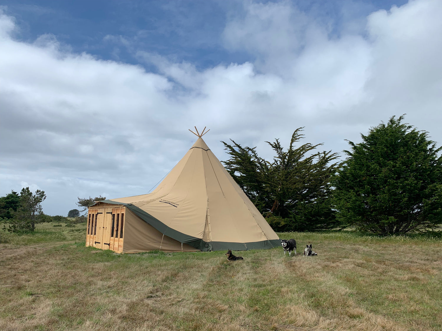 A spacious bell tent set up in a grassy field, ideal for glamping. The tent features a sturdy structure and natural surroundings, perfect for a luxury outdoor experience.