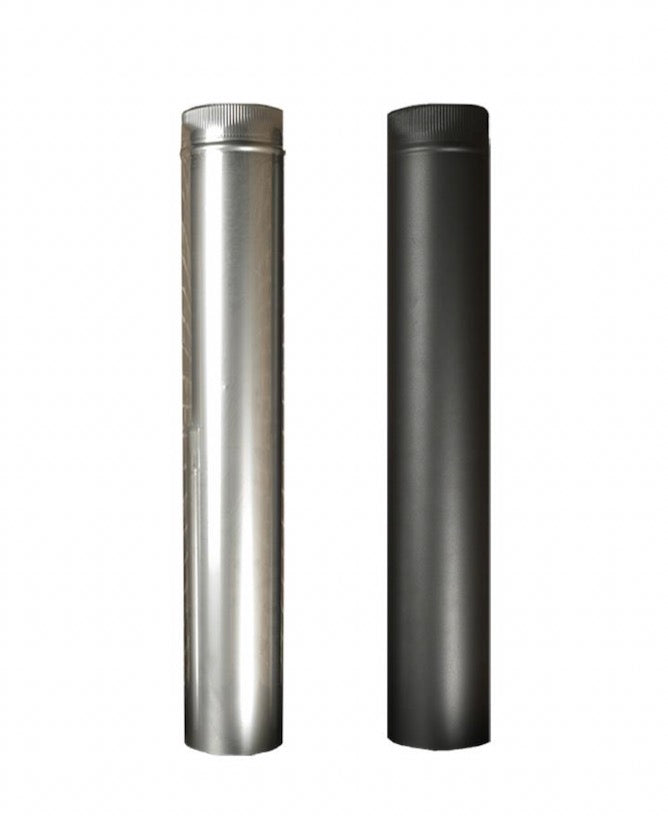 Two cylindrical metal pipes, one silver and one black, standing upright. These components are often used in the construction of geodesic dome kits and other glamping solutions, such as geo-domes and luxury camping pods.