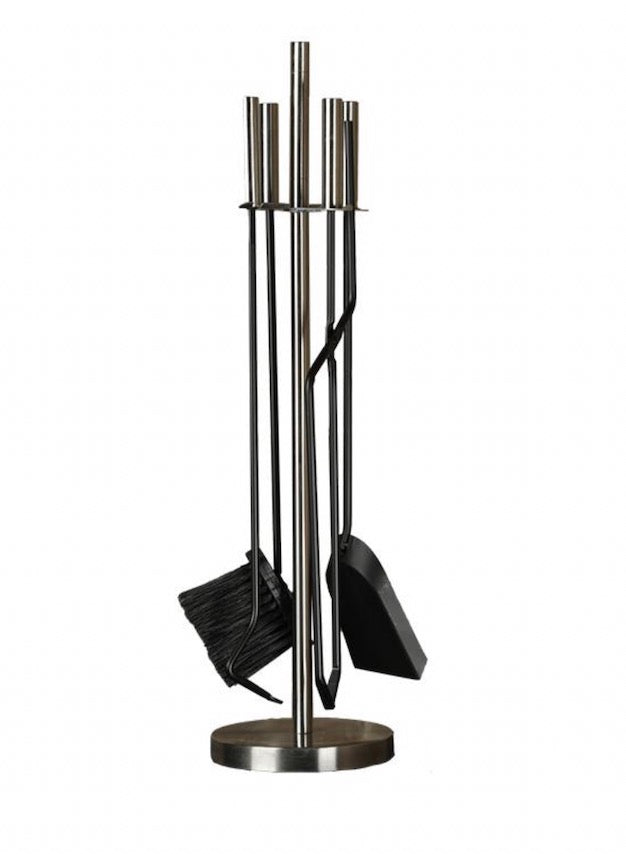 A sleek, modern fireplace tool set with a stand, featuring a brush, shovel, and poker, ideal for maintaining a cozy atmosphere in a luxury geodesic dome or glamping pod.