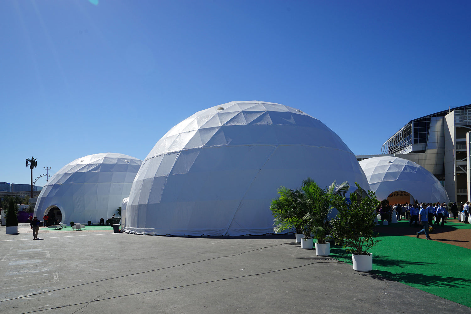 Alt text: &quot;Large white geodesic domes set up outdoors, showcasing premium glamping solutions. These structures are ideal for creating luxury Airbnb experiences, sustainable living spaces, or stylish backyard offices. The domes feature porthole windows and are part of a versatile geodesic dome house kit, perfect for the booming glamping market.&quot;